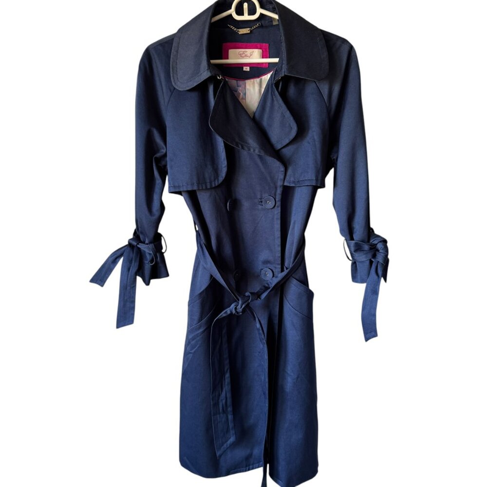 Eliza J Navy Blue Trench Rain Coat Jacket Floral Lined 3/4 Sleeves Tie Cuffs Med